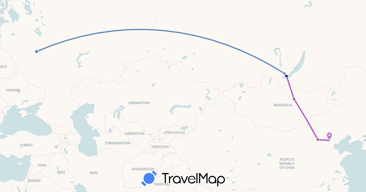 TravelMap itinerary: driving, cycling, train in China, Mongolia, Russia (Asia, Europe)